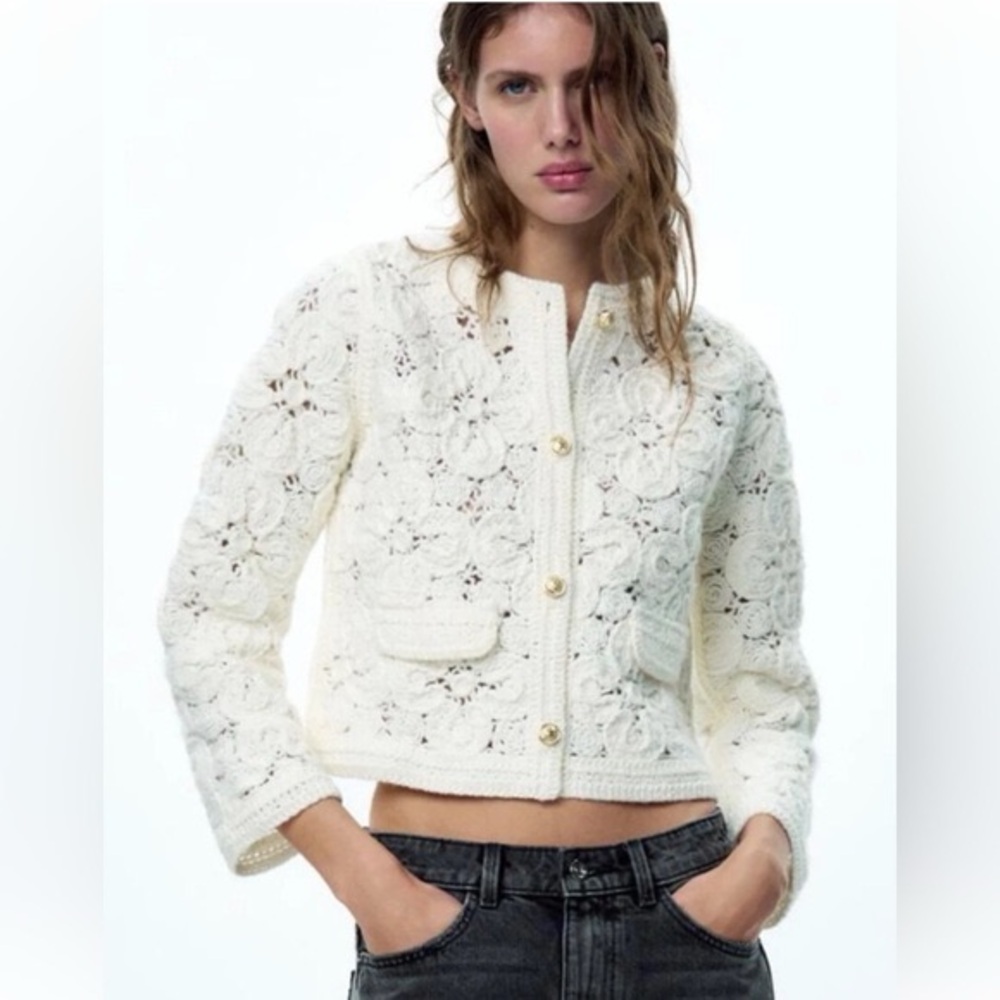 Zara Cream Lace Jacket Elegant Floral Design